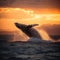 AI generated illustration of A majestic whale leaping out of the sparkling ocean at sunset.