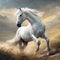 AI generated illustration of a majestic white horse stands proudly on the edge of a lake