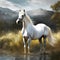 AI generated illustration of a majestic white horse stands proudly on the edge of a lake