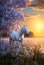 AI generated illustration of a majestic white horse in a sun-dappled meadow