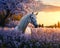 AI generated illustration of a majestic white horse in a sun-dappled meadow