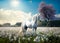 AI generated illustration of a majestic white horse in a sun-dappled meadow