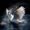 AI generated illustration of a majestic white swan taking flight from a lake