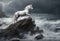 AI generated illustration of a majestic white unicorn on a rocky shore with lightning
