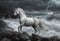 AI generated illustration of a majestic white unicorn on a rocky shore with lightning