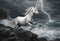 AI generated illustration of a majestic white unicorn on a rocky shore with lightning