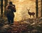 AI generated illustration of a male photographer capturing a wild deer with his camera