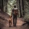 AI generated illustration of a man and his loyal canine traversing a picturesque path  in a forest