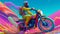 AI generated illustration of a man riding a motorcycle against an abstract background