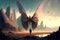AI-generated illustration of a man is standing in a desert, looking up at a giant butterfly