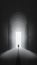 AI generated illustration of a man standing in front of a brightly illuminated open door in the dark