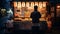 AI-generated illustration of a man standing in front of a brightly lit food stall at night