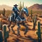 AI generated illustration of a man wearing a cowboy hat and riding robotic a horse