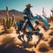 AI generated illustration of a man wearing a cowboy hat and riding robotic a horse