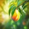 AI generated illustration of a mango hanging from a tree in a warm, sunny setting