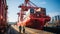 AI generated illustration of a massive cargo vessel moored at a dock with workers in the foreground