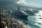 AI generated illustration of massive cruise ships are moored near the shoreline