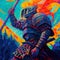 AI generated illustration of a medieval fighter in armor in psychedelic bright colors