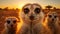 AI generated illustration of meerkats in a desert at golden hour