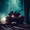 AI generated illustration of a military tank maneuvering along a rugged, unpaved road in a forest