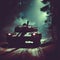 AI generated illustration of a military tank maneuvering along a rugged, unpaved road in a forest