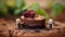 AI generated illustration of miniature figures around a piece chocolate cake topped with raspberries