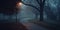 AI generated illustration of a misty eerie park illuminated by a street lamp at night