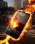 Ai generated illustration of a mobile device smartphone on fire exploading