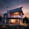 AI-generated illustration of a modern building with solar panel roofing at sunset.