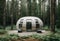 AI generated illustration of a modern, metallic shed in the middle of a wooded area