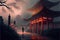 AI generated illustration of a monk walking by a Japanese shrine at night - a religious concept