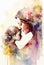 AI generated illustration of a mother and child portrayed in colorful watercolor painting