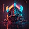 AI generated illustration of a motorcycle with a reflection and a building with neon lighting