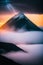 AI generated illustration of a mountain in dense fog during sunset on a day with a thunderstorm