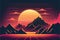 AI-generated illustration of mountainous islands with sunset background