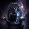 AI generated illustration of a mysterious black cat sitting on a throne in a purple galaxy