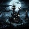 AI generated illustration of a mysterious gothic house in the dark of night against