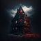 AI-generated illustration of a mysterious wooden house in a field under the dark clouds at night