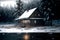 AI-generated illustration of a mystical wooden cabin by a lake and a forest