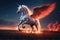AI generated illustration of a mythical pegasus surrounded by fiery flames