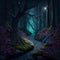 AI-generated illustration of the narrow river between the lush trees in the spooky forest