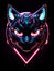 AI generated illustration of a neon cat head with glowing eyes surrounded by a neon triangle ring