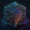 AI generated illustration of a neuromorphic computing cube on a dark background