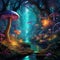 AI generated illustration of a night-time forest scene with illuminated mushrooms and a river