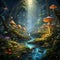 AI generated illustration of a night-time forest scene with illuminated mushrooms and a river