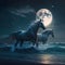 AI generated illustration of a nighttime scene of two white horses running through the ocean waves