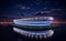 AI generated illustration of a nighttime view of illuminated stadium