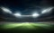 AI generated illustration of a nighttime view of an illuminated, vacant soccer stadium
