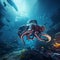 AI generated illustration of an octopus swimming in a vast open ocean, beneath a submerged submarine