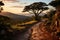 AI generated illustration ofa picturesque dirt road surrounded by tall, lush trees
